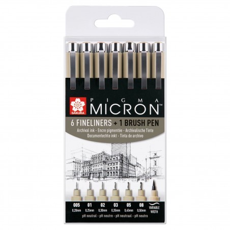 Penne Pigma Micron Nero Set 6pz. + Pigma Brush - Sakura