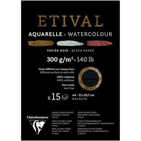 Blocco di Carta per Acquerello Etival Grana Fine/Ruvida - A4 15 Fogli Neri 300gr. - Clairefontaine