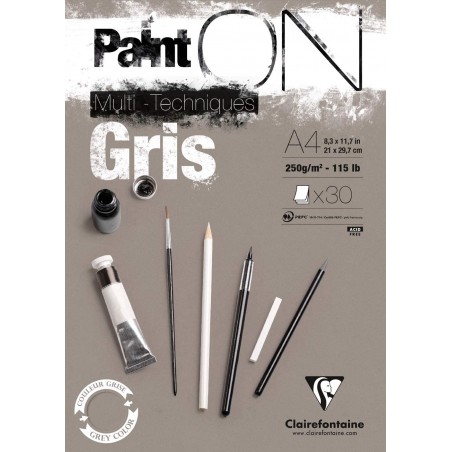 Blocco di Carta Paint On Grigio - A4 30 Fogli 250gr. - Clairefontaine