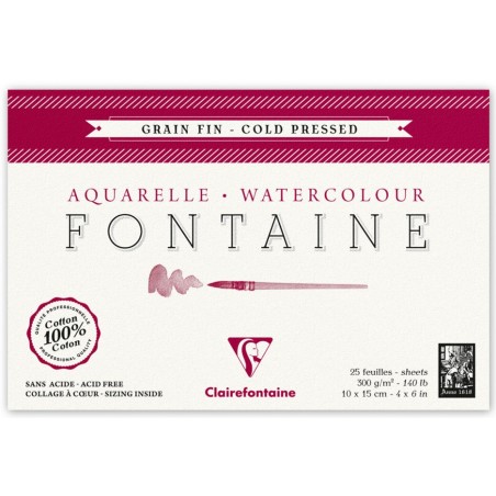 Blocco di Carta per Acquerello Fontaine Grana Fine 100%Cotone - Formato Cartolina 10x15cm.