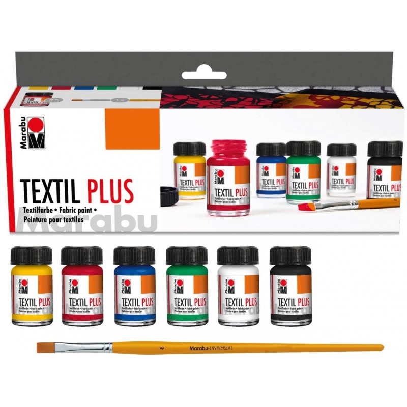Colori per Tessuto Textil - Set Plus 6x15 ml + Pennello - Marabu