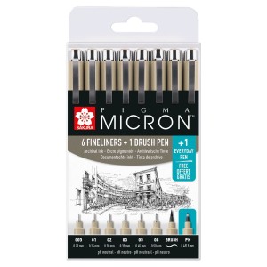 Penne Pigma Micron Nero Set 6pz + Pigma Brush + Pigma Micron PN - Sakura