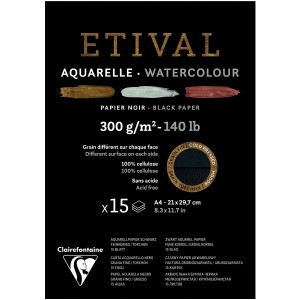 Blocco di Carta per Acquerello Etival Grana Fine/Ruvida - A4 15 Fogli Neri 300gr. - Clairefontaine