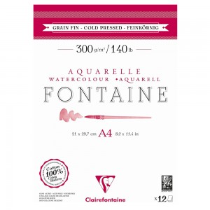 Blocco di Carta Fontaine per Acquerello Grana Fine, 12 fogli da 300gr. 100%Cotone - Clairefontaine